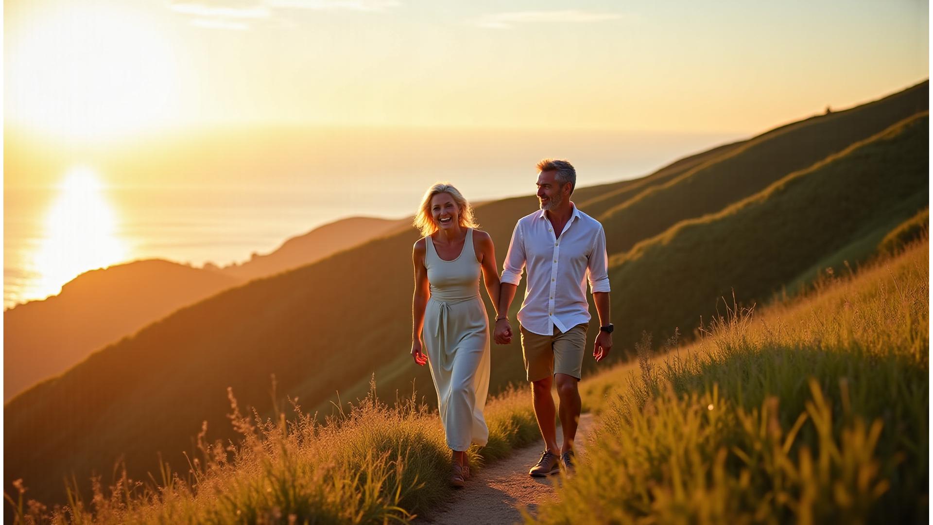 Coppia felice over 35 che fa trekking sulle colline riminesi al tramonto, simbolo di salute e benessere a VitaFlusso.