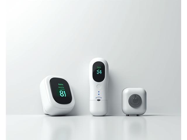 Vari dispositivi tecnologici per la salute, come un termometro smart e un misuratore di pressione digitale, disposti ordinatamente.